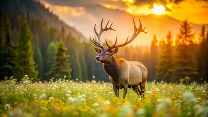 Naklejka premium Majestic Male Elk Bugling in a Serene Field with Bokeh Effect for Wildlife Photography