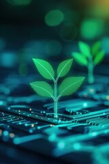 Green plant emerging from a digital keyboard, symbolizing technology and nature.