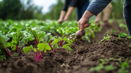 Close-up of a Hand Harvesting Red Beets from a Garden Row