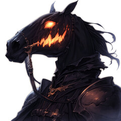 A dark, stylized horse with glowing eyes and a menacing expression, wearing a cloak.