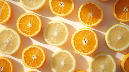 Obraz premium Vibrant citrus slices arranged neatly, featuring bright oranges and pale lemons, showcasing fresh fruit in an aesthetically pleasing layout.