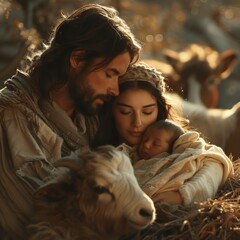 Realistic Painting of the Holy Family in a Manger with Animals, Soft Lighting, Sacred Christmas Moment, Unknown Artist © btiger