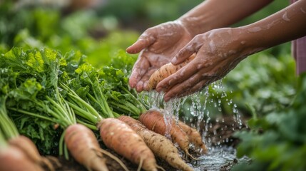 Hands Washing Fresh Carrots With Water Spray