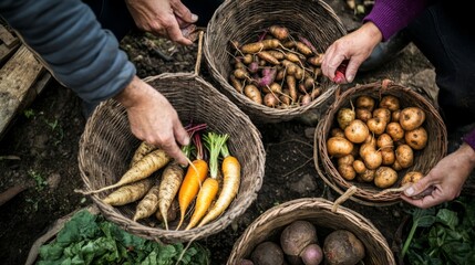 A Collection of Freshly Harvested Root Vegetables in Wicker Baskets