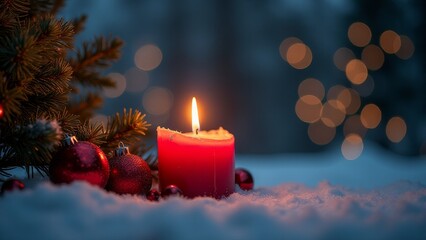 lit red candle stays on snow under fir Christmas tree branch with ballons in night forest bokeh background 
