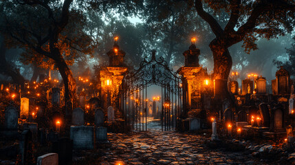 A misty graveyard at dusk, illuminated by glowing candles and surrounded by ancient trees.