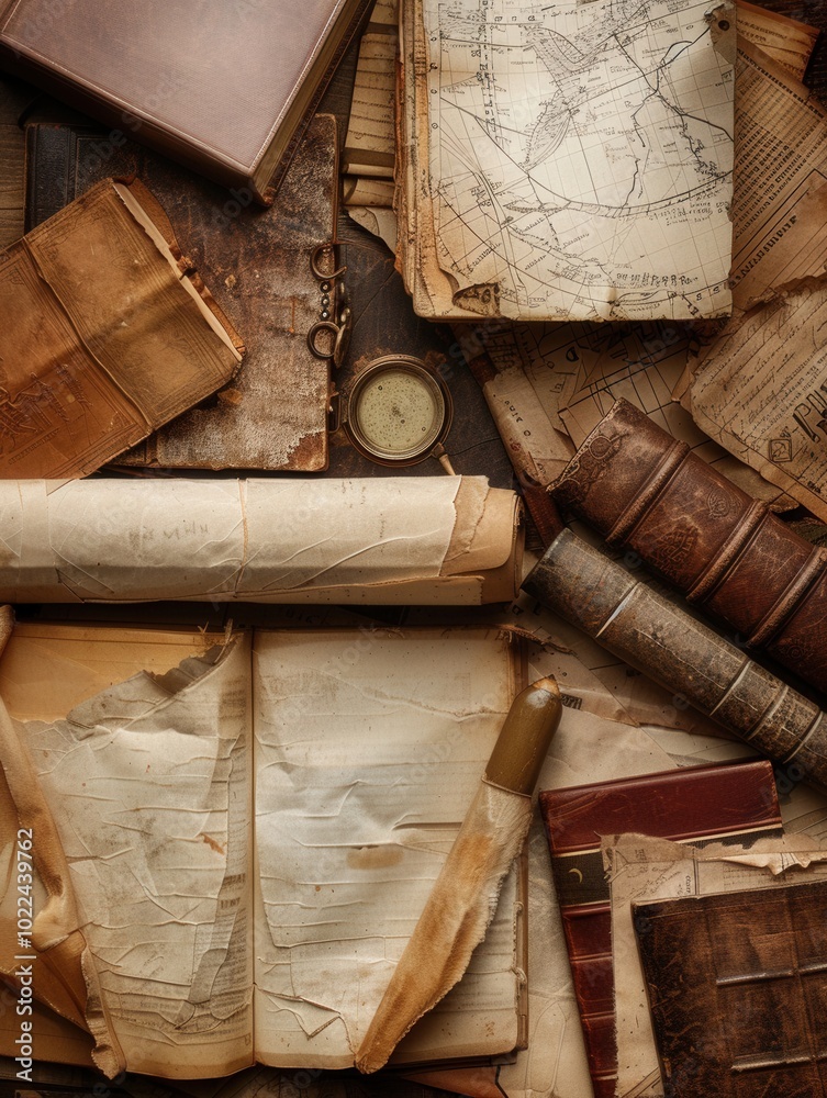 Poster Various ancient books, scrolls, and artifacts are displayed on a wooden table, showcasing their historical significance and wear. Generative AI