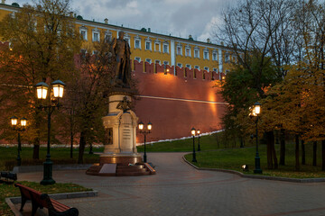 View of the monument to Emperor Alexander I at the walls of the Moscow Kremlin in the Alexander...