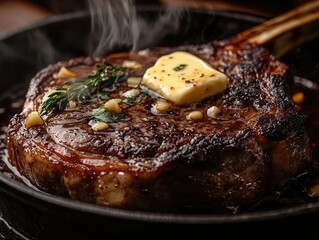 A tomahawk steak sizzling in a cast iron skillet