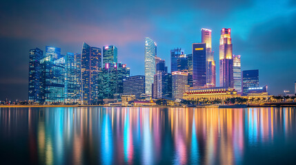 Fototapeta premium Singapore city skyline with modern skyscraper architecture for the concept of financial business and travel in Asia cityscape urban landmark, Marina Bay at night, dusk sky.