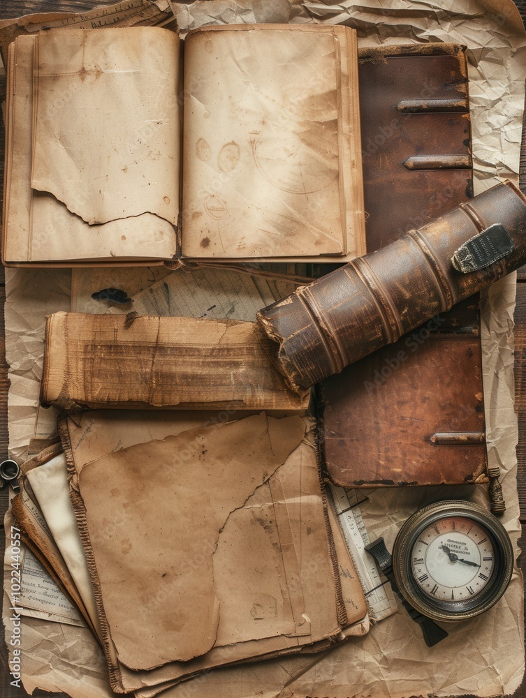 Poster Old, weathered books and scrolls are displayed on a table alongside historical artifacts, creating a sense of timelessness and discovery. Generative AI
