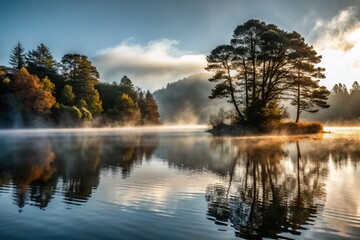 Obraz premium Misty Lake Serenity - Atmospheric Documentary Photography of Fog Over Water