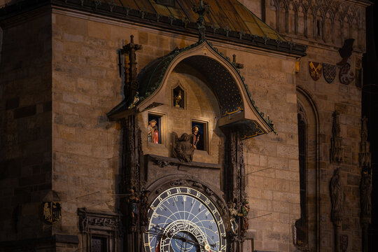 View of the Astronomical Clock, Prague. Part of astronomical clock in old town Prague at evening. 