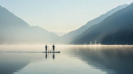 Two People Paddleboarding on a Serene Lake Surrounded by Foggy Mountains
