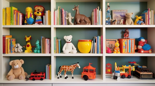 Bright, organized shelves filled with colorful toys and children's books, creating a playful and inviting environment.