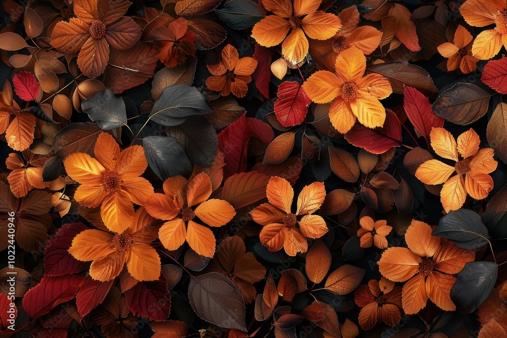 Poster leaves in warm oranges and reds blend with blooming flowers, creating a rich tapestry on a dark back