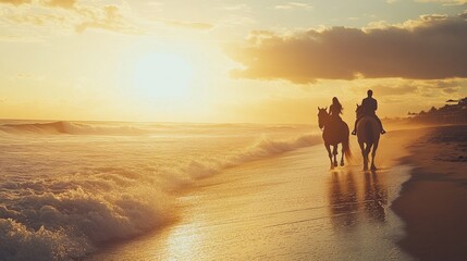 Fototapeta premium Couple Riding Horses on a Beach at Sunset