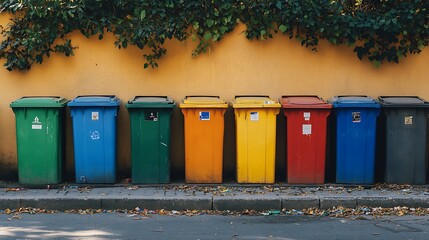 Row of Colorful Recycling Bins in Front of a Wall