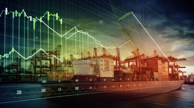 A cargo ship berthed at a busy port, overlaid with digital financial graphs, depicting the intersection of global trade and economic analysis. - Powered by Adobe