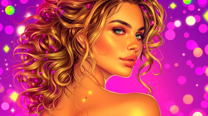 Fototapeta premium A woman with long hair and a pretty face is shown in a purple background. The image is a work of art, with a lot of detail and a sense of depth