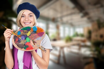 Fototapeta premium Painting brushes and bright colors paint. Craft artistic