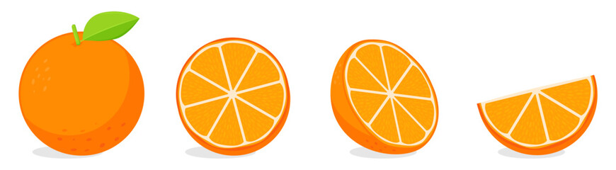 set collection whole and half sliced orange fruit vector illustration, healthy sweet fruits