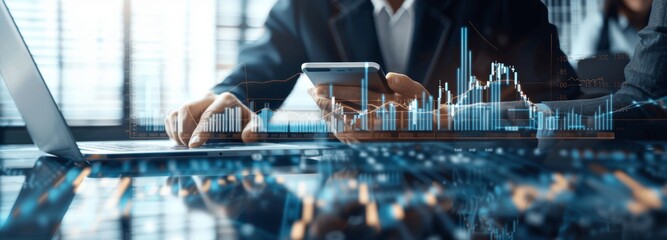 Businessmen Tracking Financial Market Data and Analyzing Stock Growth Using Laptops and Smartphones with Vanishing Point Photography