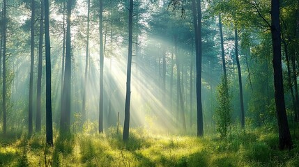 Obraz premium Sunbeams illuminating a misty forest floor through tall trees