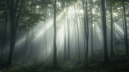 Obraz premium Sunbeams Illuminating a Misty Forest