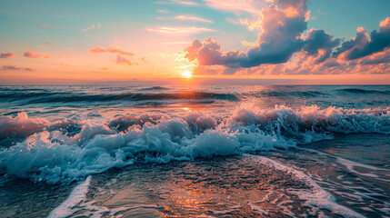 Naklejka premium A serene sunset over the ocean with gentle waves and colorful clouds.