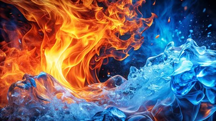 Fototapeta premium Dynamic fire and ice swirls in blue and orange create stunning high-depth-of-field visuals, merging elements of nature and artistry to evoke emotion and intrigue.