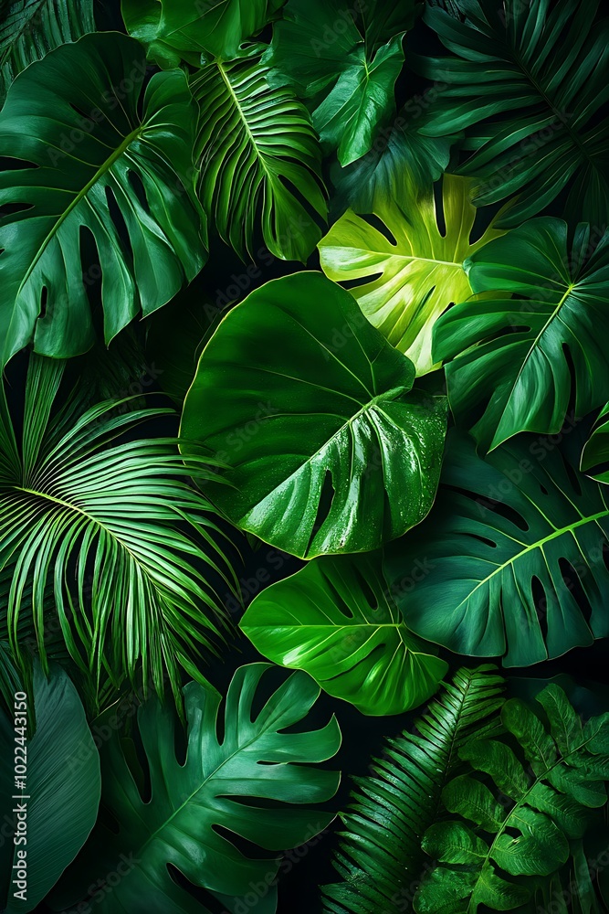 Poster a vibrant array of diverse green leaves, showcasing various shapes and textures, creating a lush fol