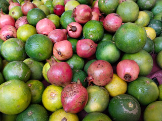  large group of sweet lime or Mosambi at fruit stall. street vendor selling sweet lime and pomegranate on his fruit cart by the roadside in the streets of the city.