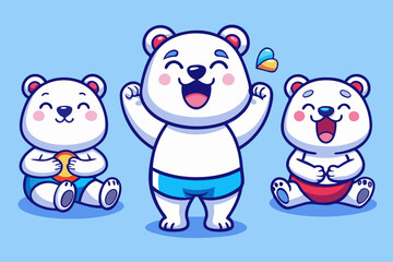 A set of cute white polar bear emoticons, with various expressions and movements such as crying, laughing, rolling their eyes, winking, shaking hands to say hello, doing the Dab dance, hugging their 