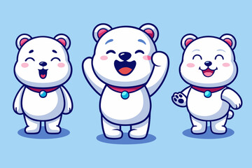 A set of cute white polar bear emoticons, with various expressions and movements such as crying, laughing, rolling their eyes, winking, shaking hands to say hello, doing the Dab dance, hugging their 