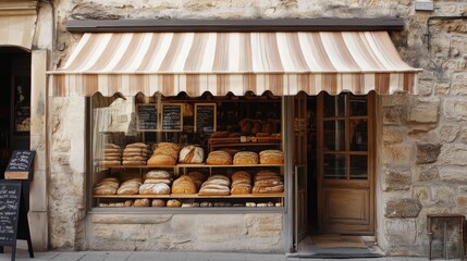 A French Bakery with a Striped Awning and a Display of Fresh Bread