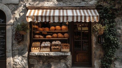 Naklejka premium Stone building with striped awning and storefront display of bread