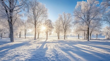 Obraz premium Sun Shining Through Frosty Trees on a Snowy Day