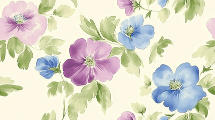 Obraz premium Delicate watercolor flower illustration in soft pastel colors, arranged on a light background with minimalist style, featuring a seamless pattern for holiday and winter themes, elegant and hand-painte