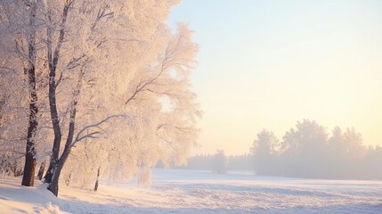 Frost-Covered Trees in a Snowy Landscape at Sunset