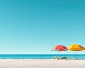 Retro-inspired beach scene with vintage umbrellas and swimsuits