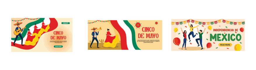 Men and women in parade on the occasion of Cinco de Mayo. Mexican Cinco de Mayo with female dancers and mariachi musicians. Happy Cinco de Mayo. Set flat vector modern illustrations