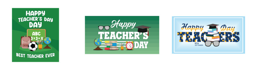 Happy teachers day poster concept. Happy teachers day with school supplies for posters. Teacher's day concept greeting with typography and book. Set flat vector modern illustration