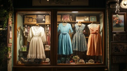Vintage Dresses Displayed in a Storefront Window