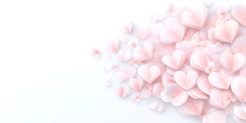Obraz premium A white background with a large pink flowery heart. The heart is made of paper and is scattered all over the background