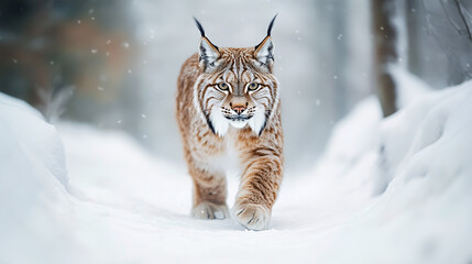 Lynx face in snow, winter wildlife in Europe, Slovakia. Lynx walking in a snowy forest in February.