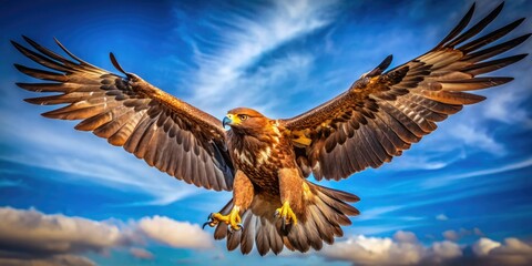 A magnificent golden eagle soars across a vivid blue sky, revealing its remarkable wingspan as it inhabits its natural habitat with elegance.