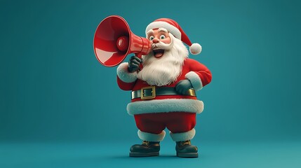 A dynamic image of Santa Claus with an excited expression, holding a red megaphone to his mouth, making a joyful announcement about last-minute Christmas deals, set against a solid teal background.