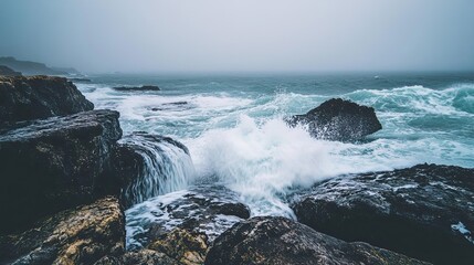 Crashing Waves Against Rugged Coastline in Fog