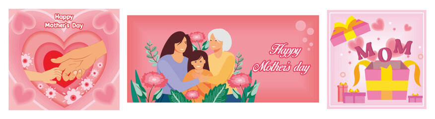 Mother's hand holding child's hand. Happy family of three generations hugging with love. Celebrate happy mother's day. Set flat vector modern illustration
